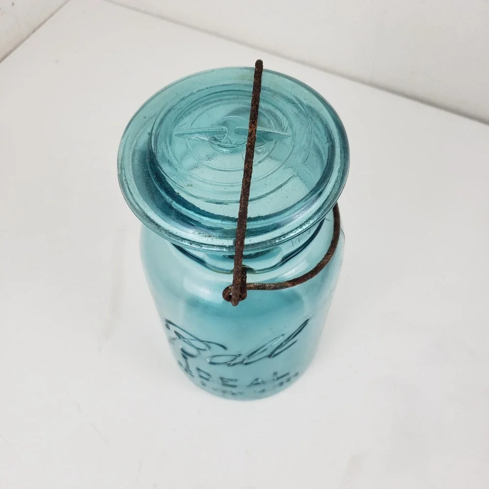 Vintage Ball Ideal Aqua Blue Glass Canning Jar Patent July 14 1908 Wire Bail Lid